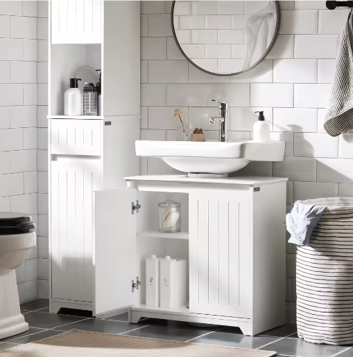 Wastafel Onderkast Badkamer – Wit Opbergmeubel met Deuren 60×60×30 cm