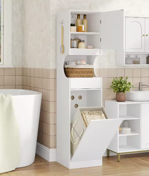 Hoge Badkamerkast met Wasmand, Deur en Lade – Ruim Opbergmeubel Wit