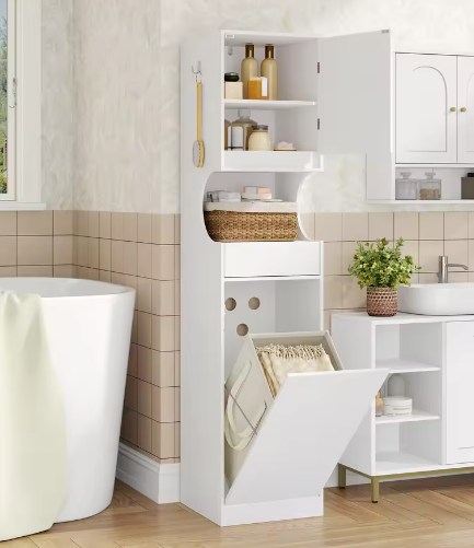 Hoge Badkamerkast met Wasmand, Deur en Lade – Ruim Opbergmeubel Wit