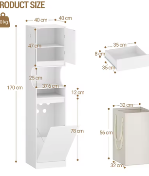 Hoge Badkamerkast met Wasmand, Deur en Lade – Ruim Opbergmeubel Wit