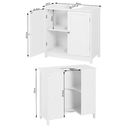 Badkamerkast Onder Wastafel – Vloerstaande Organizer met 2 Deuren, 60x30x60 cm
