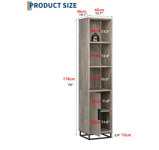 Smal Badkamermeubel 178 cm – Hoge Opbergkast met Deur en Verstelbare Plank