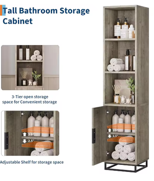 Smal Badkamermeubel 178 cm – Hoge Opbergkast met Deur en Verstelbare Plank
