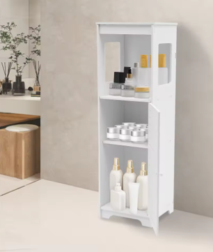 Badkamer Opbergkast Wit van PVC – Smalle Vloerstaande Kast met Deur en Planken 28 × 25 × 90 cm