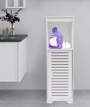Badkamer Opbergkast Wit van PVC – Smalle Vloerstaande Kast met Deur en Planken 28 × 25 × 90 cm