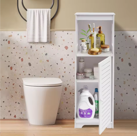 Badkamer Opbergkast Wit van PVC – Smalle Vloerstaande Kast met Deur en Planken 28 × 25 × 90 cm