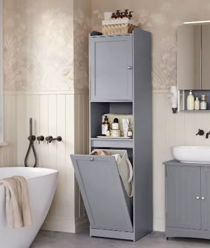 Hoge Badkamerkast met Afneembare Wasmand – Opbergkast met Planken en Deur 40 × 40 × 170 cm
