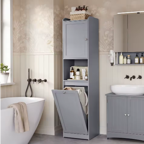 Hoge Badkamerkast met Afneembare Wasmand – Opbergkast met Planken en Deur 40 × 40 × 170 cm