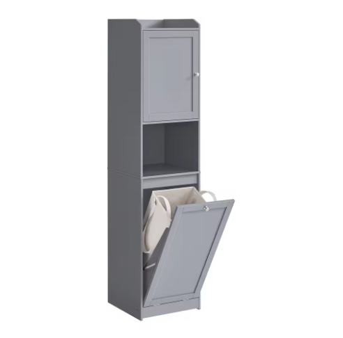 Hoge Badkamerkast met Afneembare Wasmand – Opbergkast met Planken en Deur 40 × 40 × 170 cm