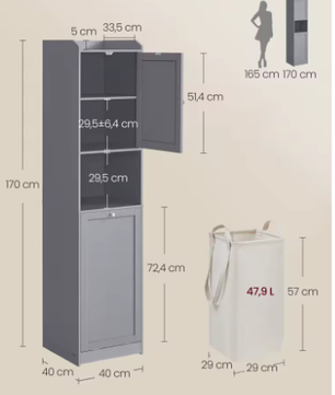 Hoge Badkamerkast met Afneembare Wasmand – Opbergkast met Planken en Deur 40 × 40 × 170 cm