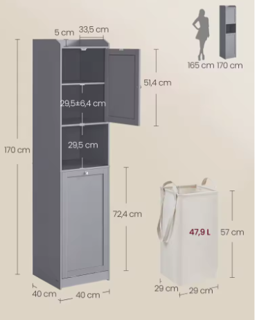 Hoge Badkamerkast met Afneembare Wasmand – Opbergkast met Planken en Deur 40 × 40 × 170 cm