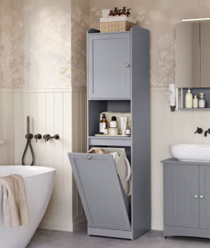 Hoge Badkamerkast met Afneembare Wasmand – Opbergkast met Planken en Deur 40 × 40 × 170 cm