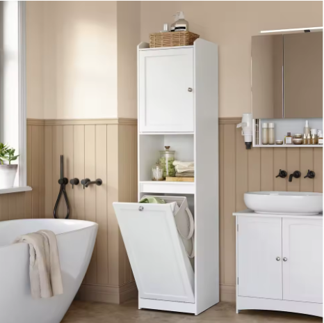 Hoge Badkamerkast met Afneembare Wasmand – Opbergkast met Planken en Deur 40 × 40 × 170 cm