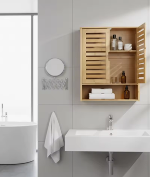 Badkamerkast Wandmontage van Bamboe – Opbergkast Boven Toilet met 2 Deuren en Verstelbare Plank