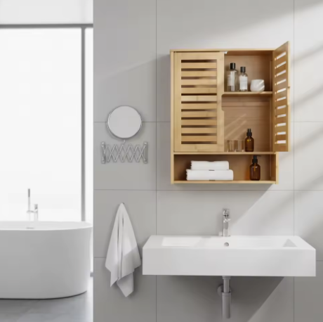 Badkamerkast Wandmontage van Bamboe – Opbergkast Boven Toilet met 2 Deuren en Verstelbare Plank