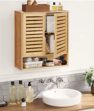 Badkamerkast Wandmontage van Bamboe – Opbergkast Boven Toilet met 2 Deuren en Verstelbare Plank
