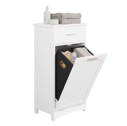 Witte Badkamerkast met Uitklapbare Wasmand – Slanke Opbergkast voor Badkamer en Toiletruimte (42 × 82 × 30 cm)