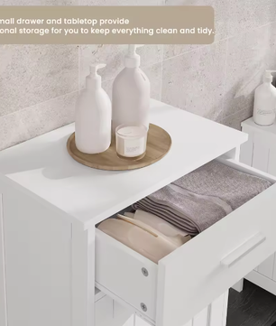 Witte Badkamerkast met Uitklapbare Wasmand – Slanke Opbergkast voor Badkamer en Toiletruimte (42 × 82 × 30 cm)