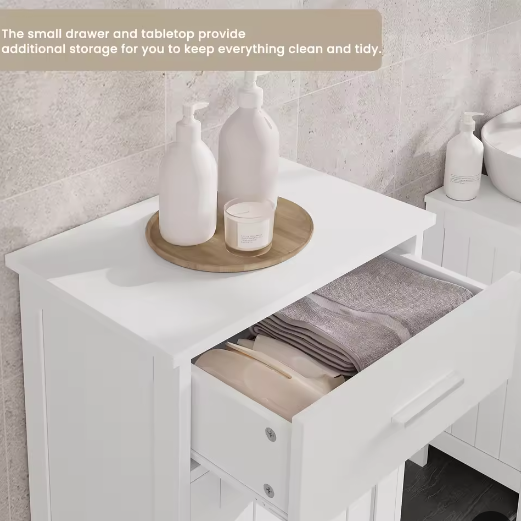 Witte Badkamerkast met Uitklapbare Wasmand – Slanke Opbergkast voor Badkamer en Toiletruimte (42 × 82 × 30 cm)