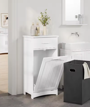 Witte Badkamerkast met Uitklapbare Wasmand – Slanke Opbergkast voor Badkamer en Toiletruimte (42 × 82 × 30 cm)