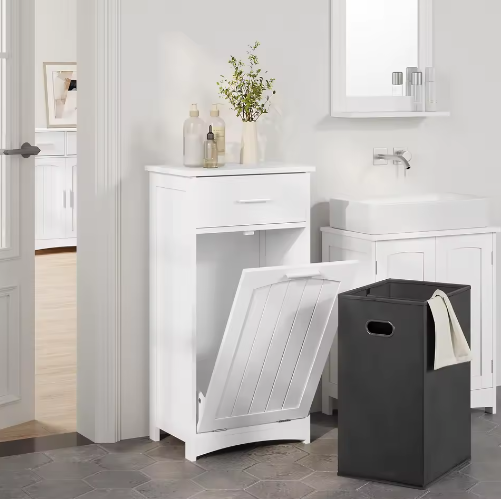 Witte Badkamerkast met Uitklapbare Wasmand – Slanke Opbergkast voor Badkamer en Toiletruimte (42 × 82 × 30 cm)