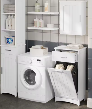 Witte Badkamerkast met Uitklapbare Wasmand – Slanke Opbergkast voor Badkamer en Toiletruimte (42 × 82 × 30 cm)