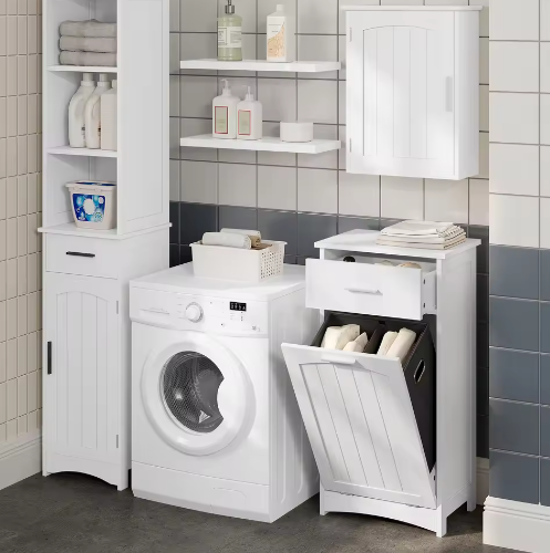 Witte Badkamerkast met Uitklapbare Wasmand – Slanke Opbergkast voor Badkamer en Toiletruimte (42 × 82 × 30 cm)