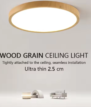 LED Plafondlamp met Houtnerf – Ultradun Rond Design met 3-Kleuren Verlichting voor Woonkamer, Keuken en Badkamer