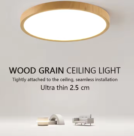 LED Plafondlamp met Houtnerf – Ultradun Rond Design met 3-Kleuren Verlichting voor Woonkamer, Keuken en Badkamer