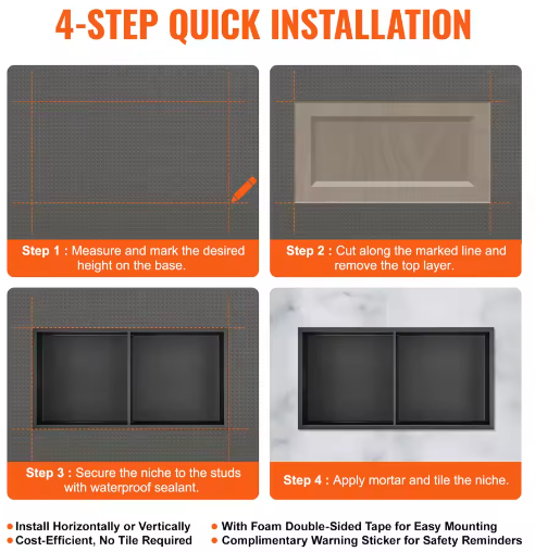 Douche-niche 304 RVS – Verzonken Wandnis met Dubbele Planken voor Badkamer en Zeepopslag