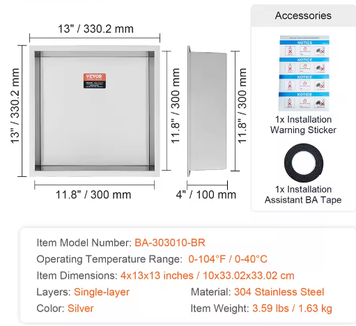 Douche-niche 304 RVS – Verzonken Wandnis met Dubbele Planken voor Badkamer en Zeepopslag