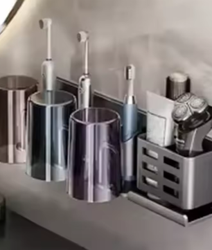 Wandgemonteerde Tandenborstelhouder met Bekeropslag – Boorvrije Badkamer Organizer