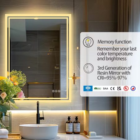 Verlichte Badkamerspiegel met Achtergrondverlichting – Rechthoekig, Dimbaar, Anti-condens, Wandmontage, Modern Design