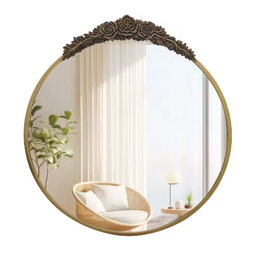 Vintage Barok Wandspiegel – Ronde Spiegel met Metalen Frame en Decoratief Accent, Klassieke Stijl