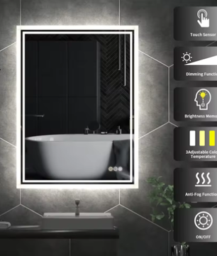 LED Badkamerspiegel met Dimbare Achtergrondverlichting en Anticondens – Rechthoekige Wandspiegel met Touchbediening, Verticaal en Horizontaal te Monteren