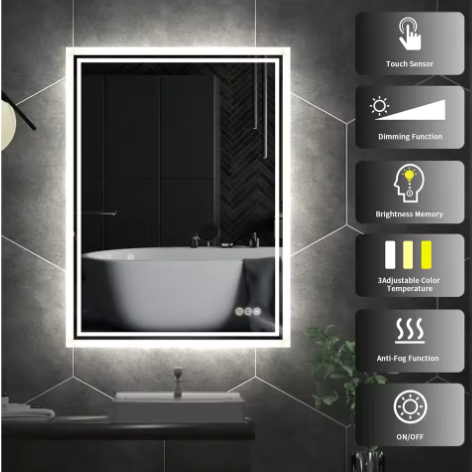 LED Badkamerspiegel met Dimbare Achtergrondverlichting en Anticondens – Rechthoekige Wandspiegel met Touchbediening, Verticaal en Horizontaal te Monteren