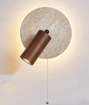 Moderne Travertijn LED Wandlamp met Houten Details