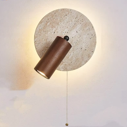 Moderne Travertijn LED Wandlamp met Houten Details