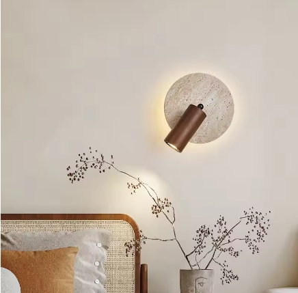 Moderne Travertijn LED Wandlamp met Houten Details