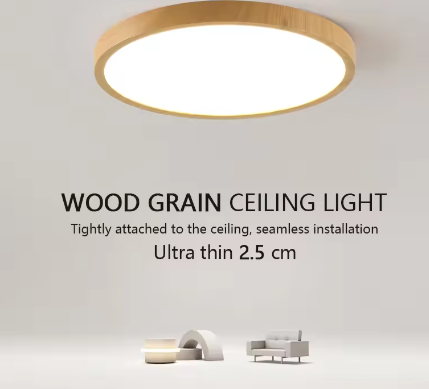 LED plafondlamp met houtnerf – Ultradunne ronde plafondverlichting met 3 lichtkleuren voor slaapkamer, keuken en badkamer