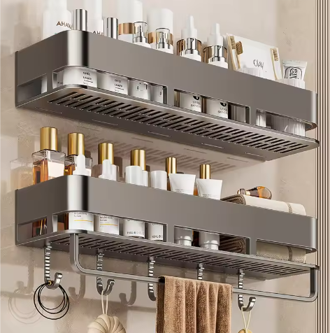 Badkamer opbergrek zonder boren – Wandgemonteerd handdoeken- en cosmetica rek van smeedijzer