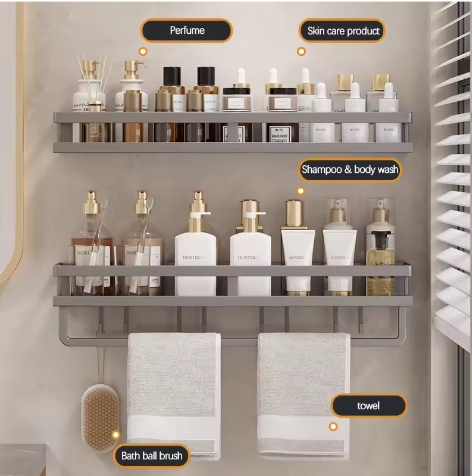 Badkamer opbergrek zonder boren – Wandgemonteerd handdoeken- en cosmetica rek van smeedijzer
