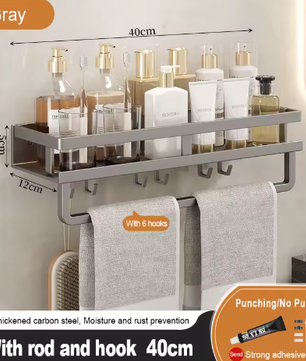 Badkamer opbergrek zonder boren – Wandgemonteerd handdoeken- en cosmetica rek van smeedijzer