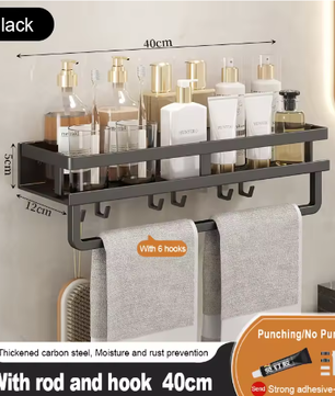Badkamer opbergrek zonder boren – Wandgemonteerd handdoeken- en cosmetica rek van smeedijzer