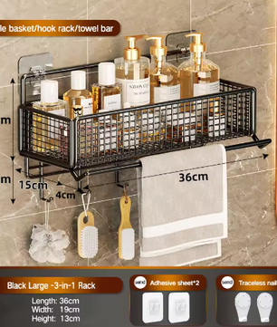 Badkameropbergrek zonder boren – Wandgemonteerd opbergrek voor handdoeken en toiletartikelen