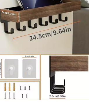 Rustieke houten sleutelhouder met opbergvak en 6 haken – Wandgemonteerde organizer voor hal, slaapkamer en kantoor