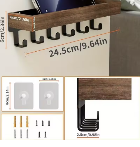 Rustieke houten sleutelhouder met opbergvak en 6 haken – Wandgemonteerde organizer voor hal, slaapkamer en kantoor