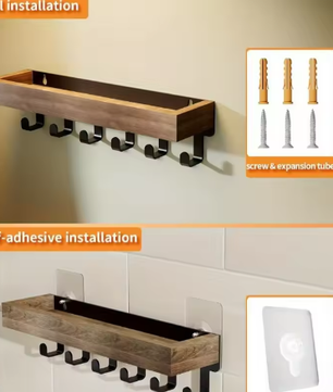Rustieke houten sleutelhouder met opbergvak en 6 haken – Wandgemonteerde organizer voor hal, slaapkamer en kantoor
