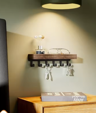 Rustieke houten sleutelhouder met opbergvak en 6 haken – Wandgemonteerde organizer voor hal, slaapkamer en kantoor