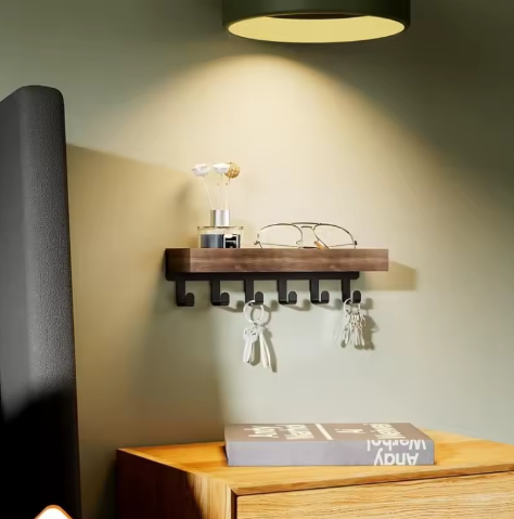 Rustieke houten sleutelhouder met opbergvak en 6 haken – Wandgemonteerde organizer voor hal, slaapkamer en kantoor